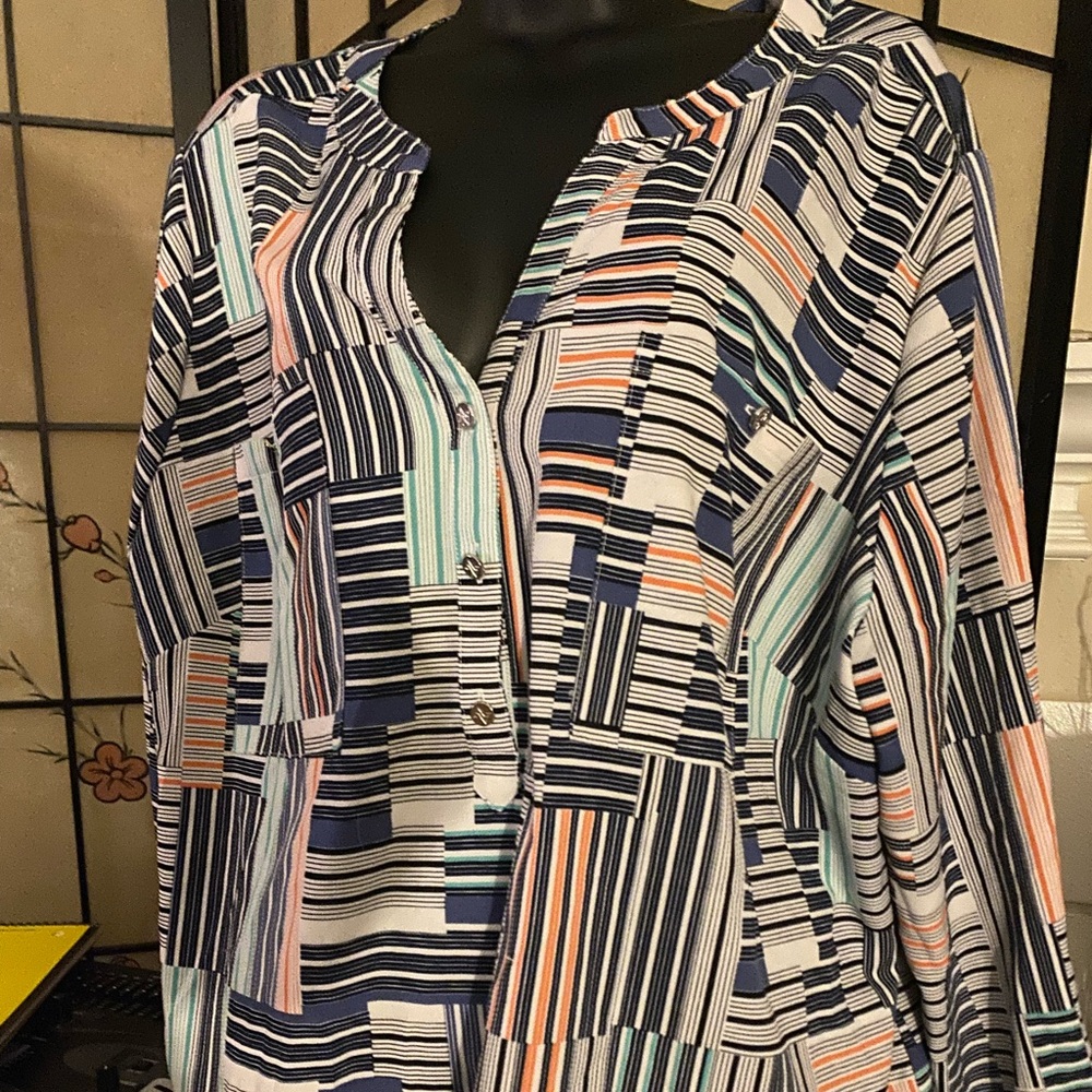 Adrienne Vittadini Multicolor Striped Patchwork Button-Down Top